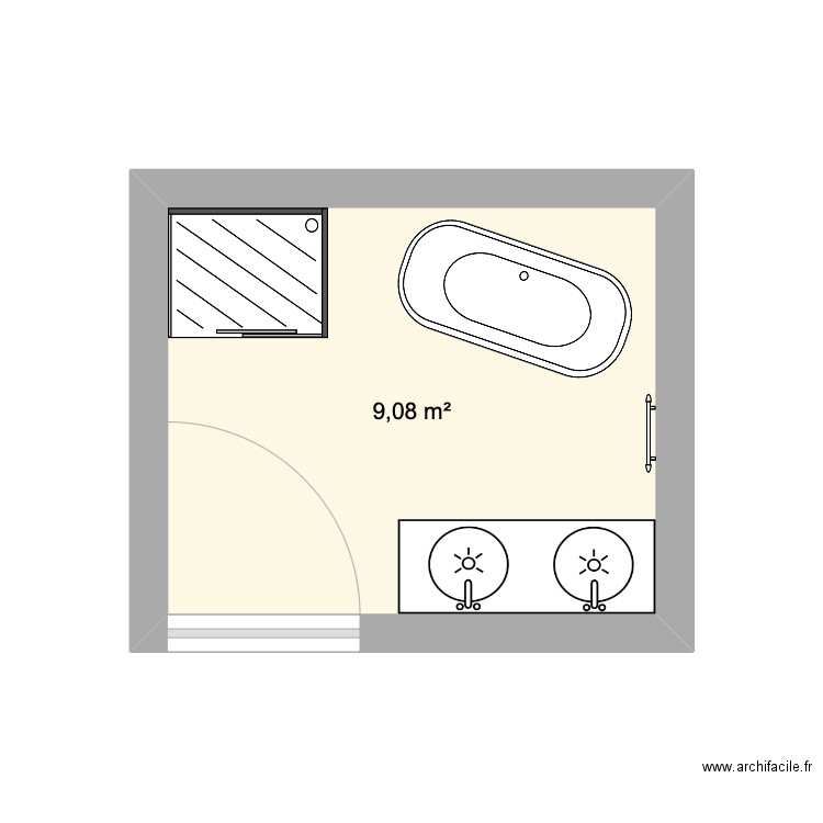 SDB M. P.2025. Plan de 1 pièce et 9 m2