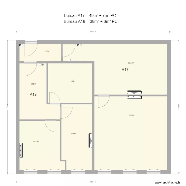 Bureau A17-18. Plan de 7 pièces et 91 m²