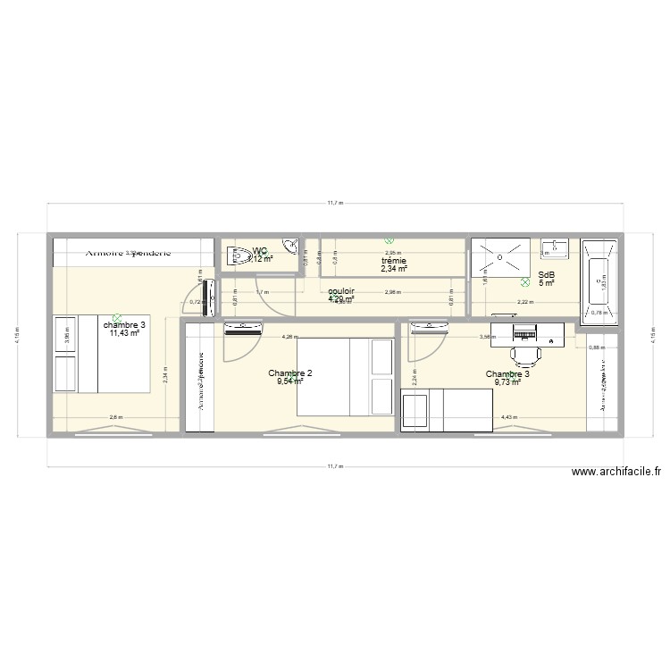 2eme etage. Plan de 7 pièces et 43 m2