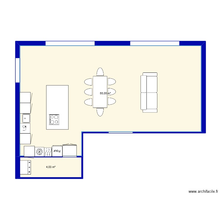 Espace à vivre. Plan de 2 pièces et 59 m2