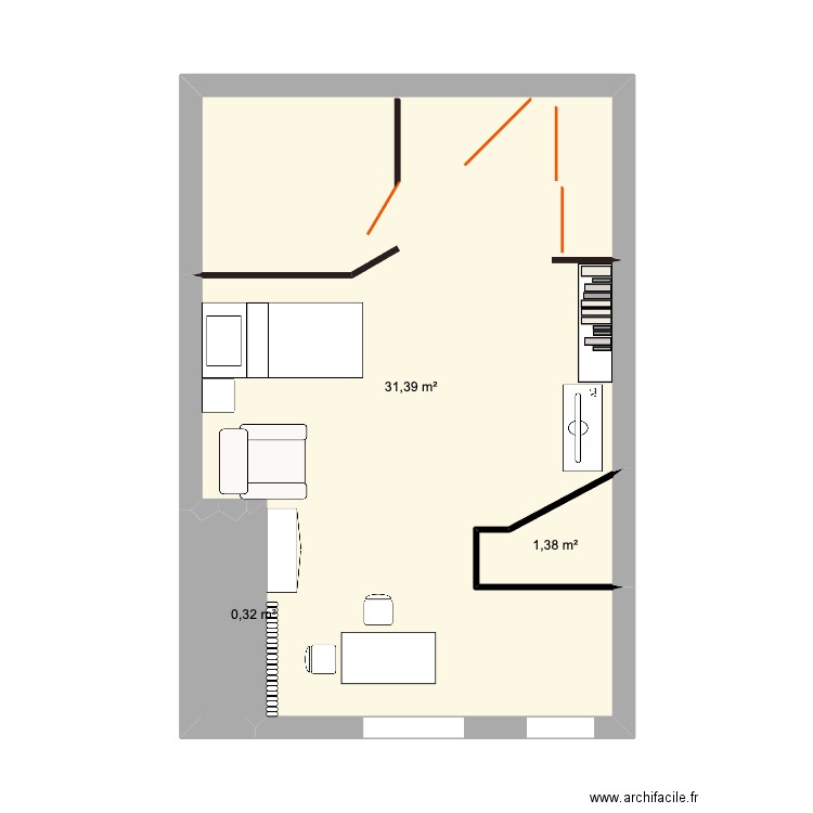 appart T1 Bis ehpad Gaston BIRGE ANGERS. Plan de 3 pièces et 33 m2