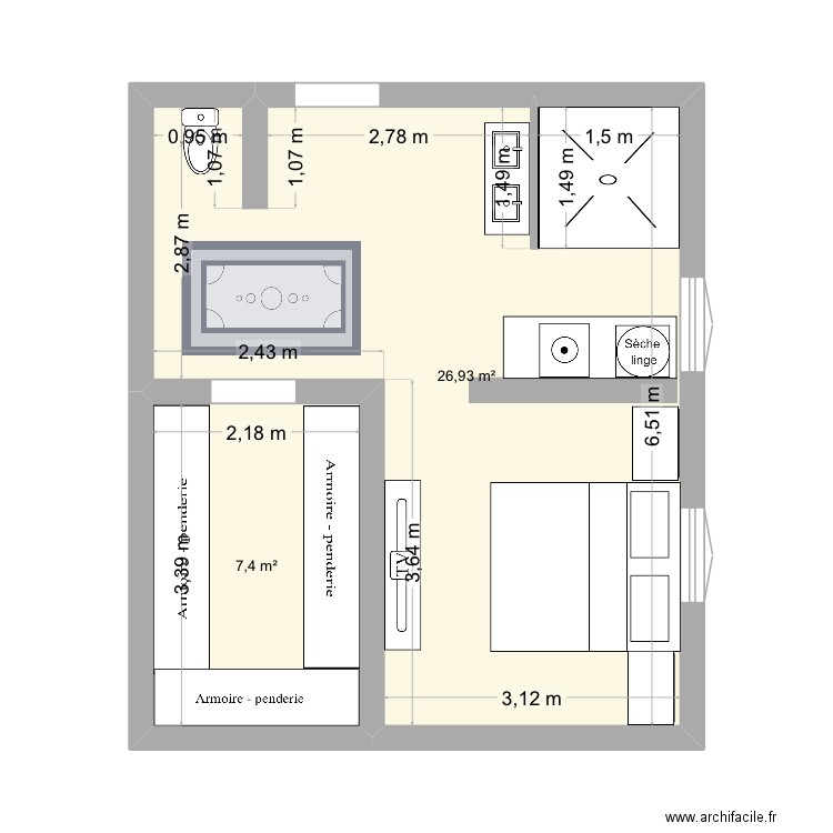 Plan maison. Plan de 2 pièces et 34 m2