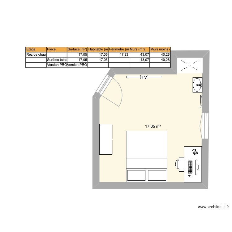 CHAMBRE FONTA. Plan de 1 pièce et 17 m2