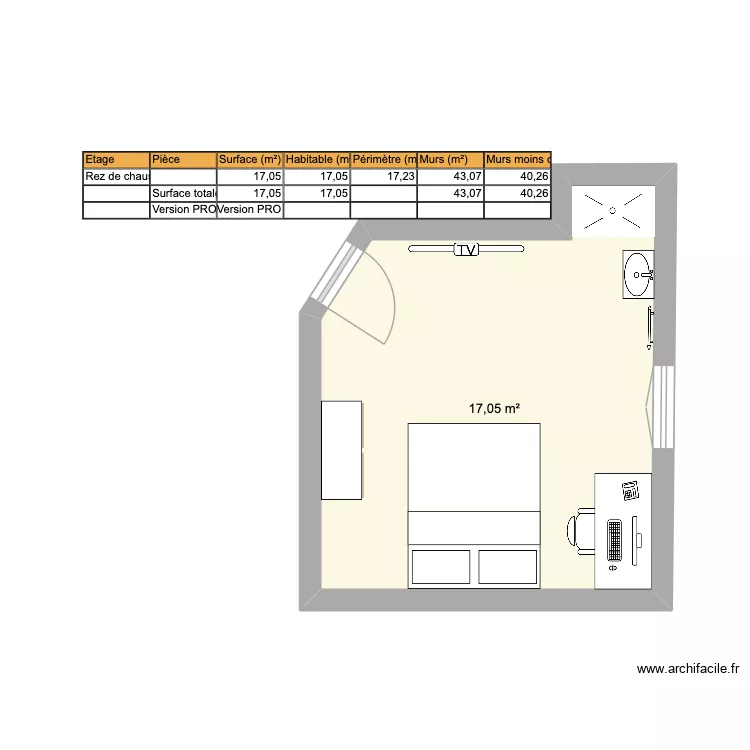 CHAMBRE FONTA. Plan de 1 pièce et 17 m²