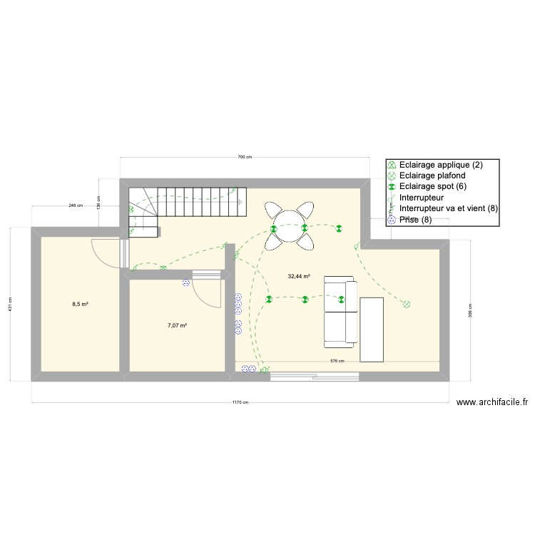 deroche. Plan de 3 pièces et 48 m2