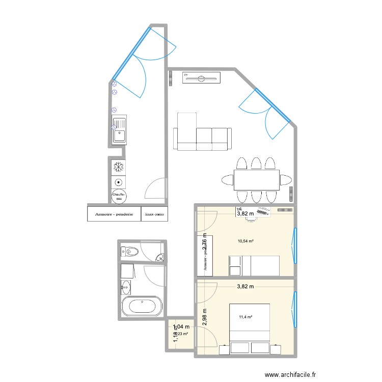Appart L. Plan de 3 pièces et 23 m2