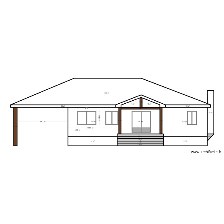 facade. Plan de 22 pièces et 90 m2