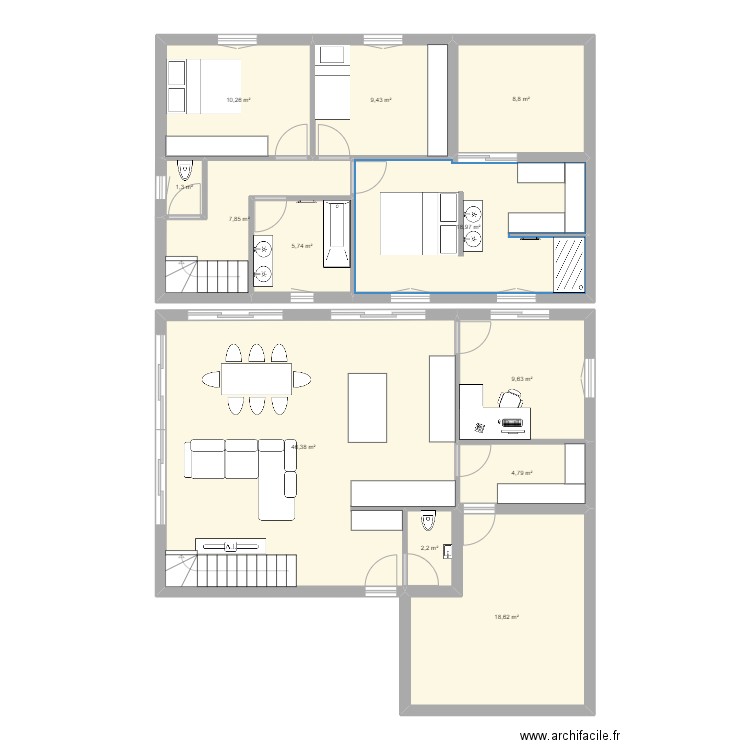 Maison étage chambre rdc. Plan de 12 pièces et 144 m2