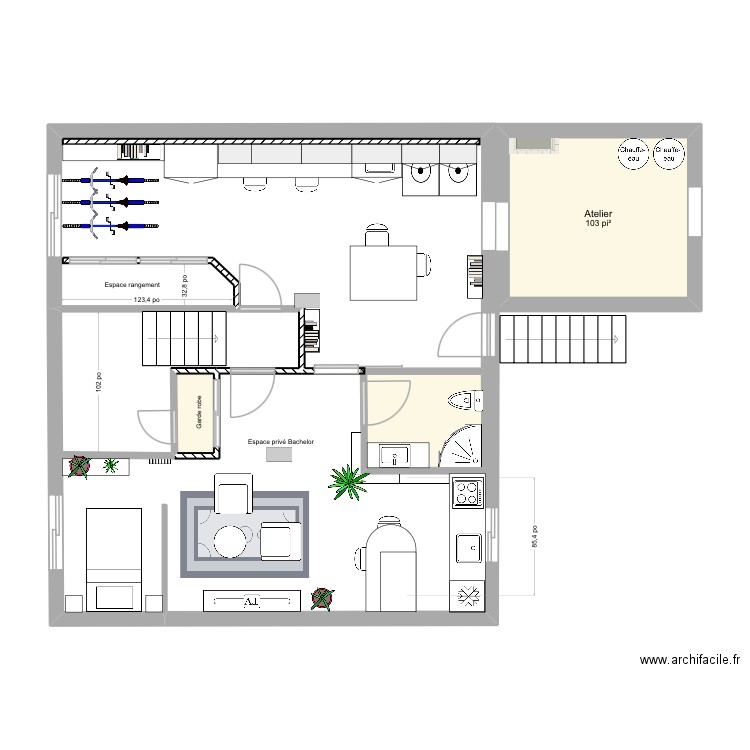 Sous sol avec meuble, lit simple 40 pouces. Plan de 3 pièces et 14 m2