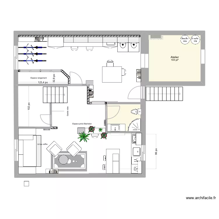 Sous sol avec meuble, lit simple 40 pouces. Plan de 2 et 13 m² Sous sol avec meuble, lit simple 40 pouces. Plan de 2 et 13 m²