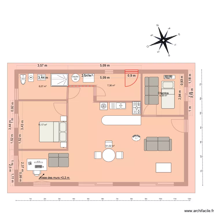 Projet maison H sans toit. Plan de 5 Pièces et 84 m²
