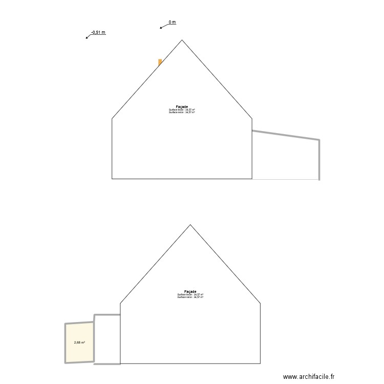 façade Est. Plan de 1 pièce et 3 m2