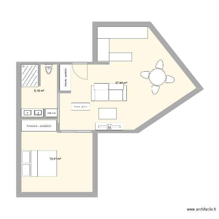 Cellier T2. Plan de 3 pièces et 47 m2
