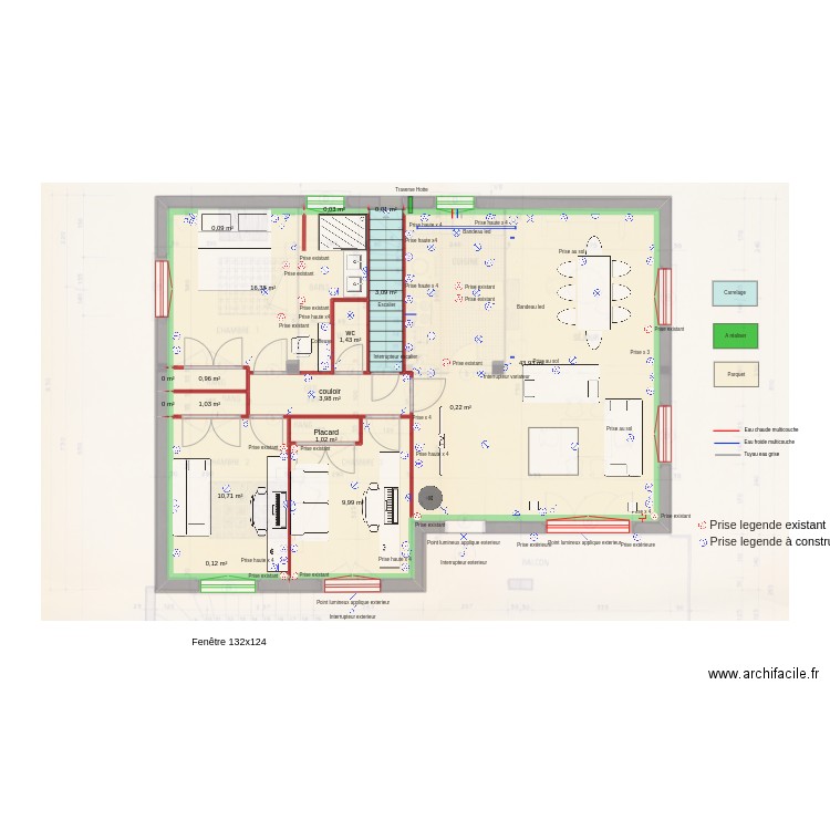 ETAGE_elec_existant. Plan de 17 pièces et 93 m2