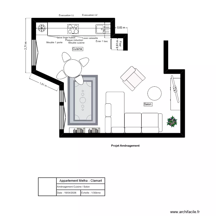 Appartement Melha - Clamart - Am&eacute;nagements Cuisine/Salon. Plan de 