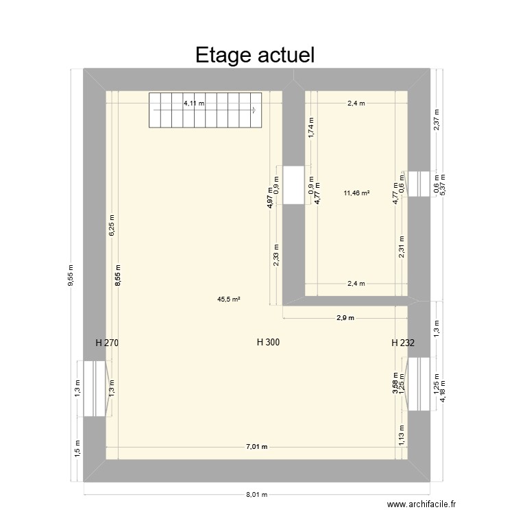 Plan etage existant location n7. Plan de 2 pièces et 57 m2