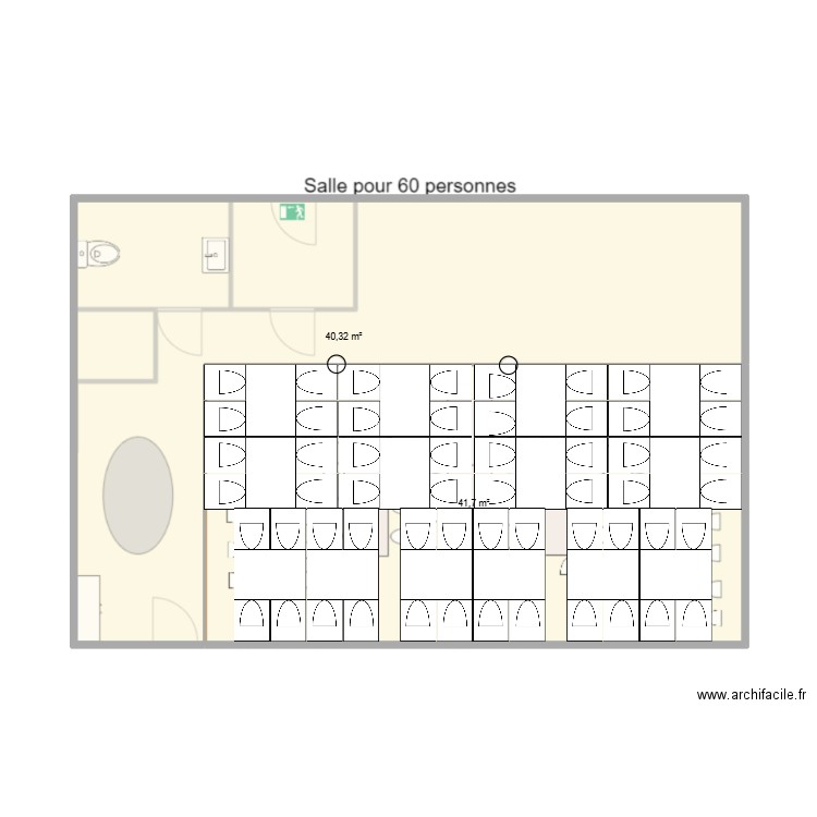 Plan salle 7 tables rectangulaire fini. Plan de 2 pièces et 82 m2