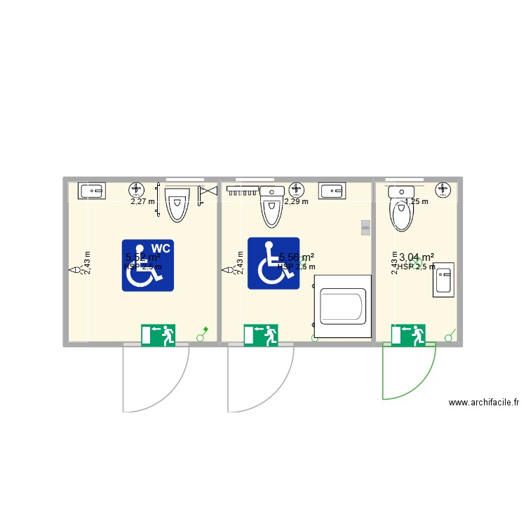 Avignon WC x3. Plan de 3 pièces et 14 m2