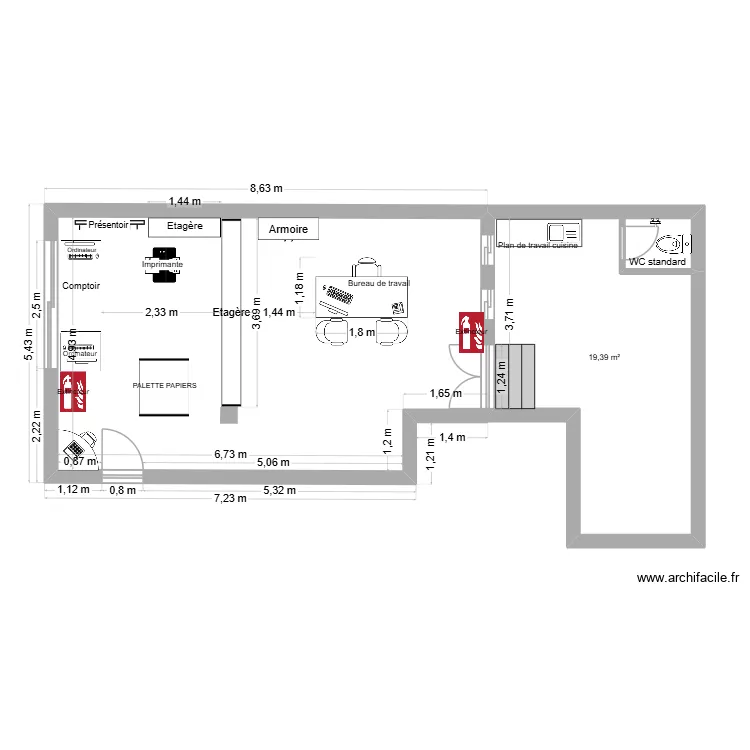 1RILAS&. Plan de 1  et 19 m²