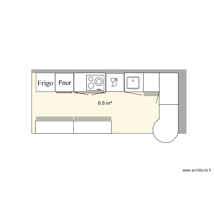cuisine. Plan de 1 pièce et 9 m2