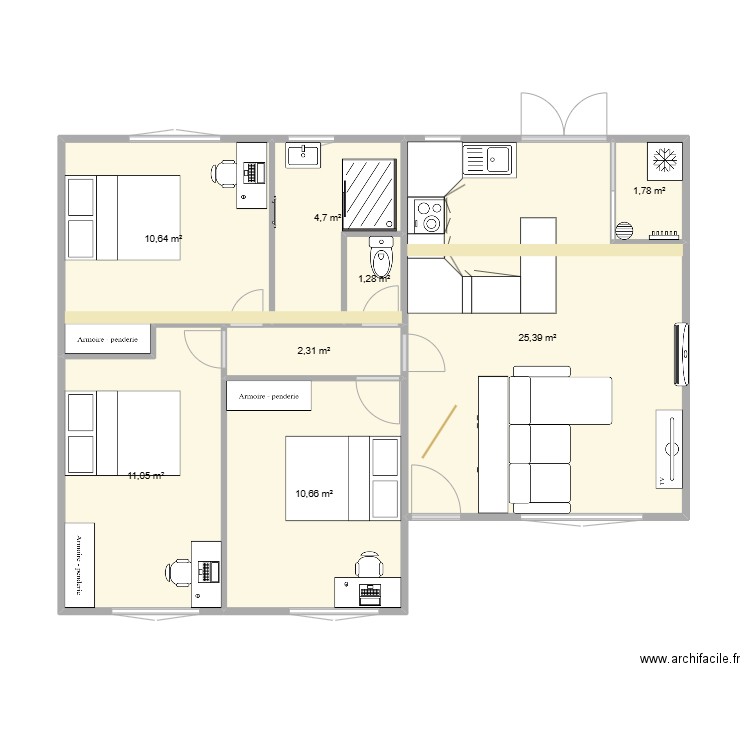 Apt cité de l'hers v2. Plan de 8 pièces et 68 m2
