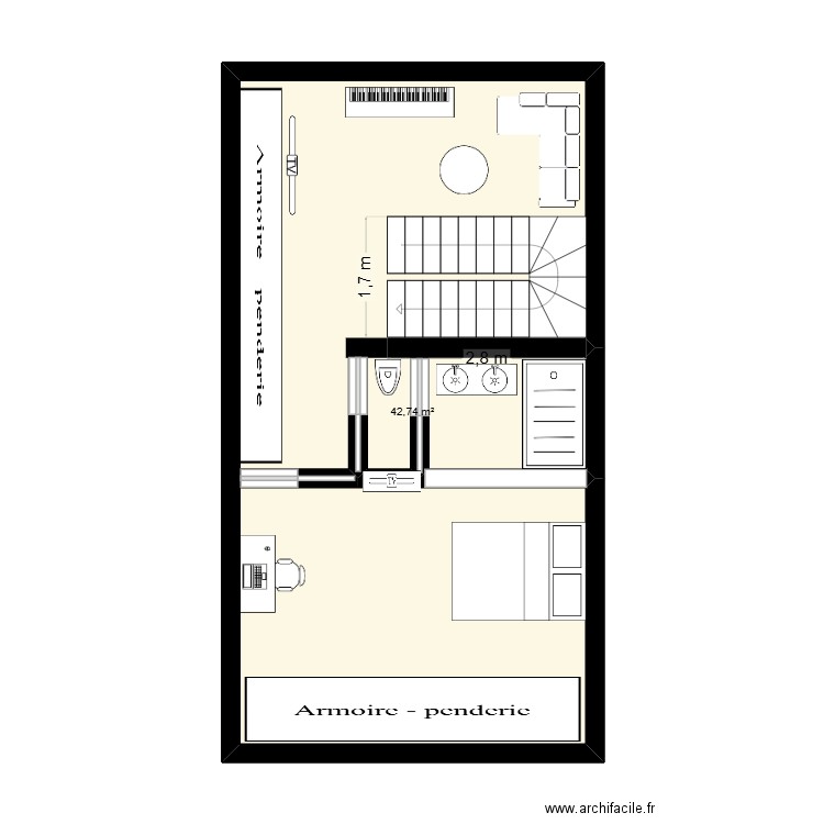 R+2. Plan de 1 pièce et 43 m2