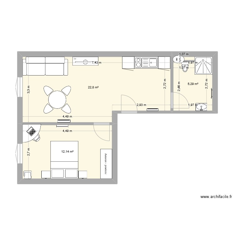 appart 2. Plan de 3 pièces et 40 m2