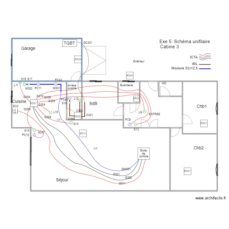 B1M2Op02-02Exe5Cab3SchUni. Plan de 9 pièces et 171 m2