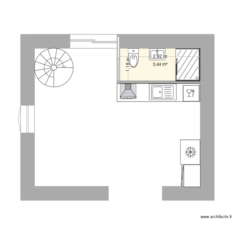 cuisine. Plan de 1 pièce et 3 m2