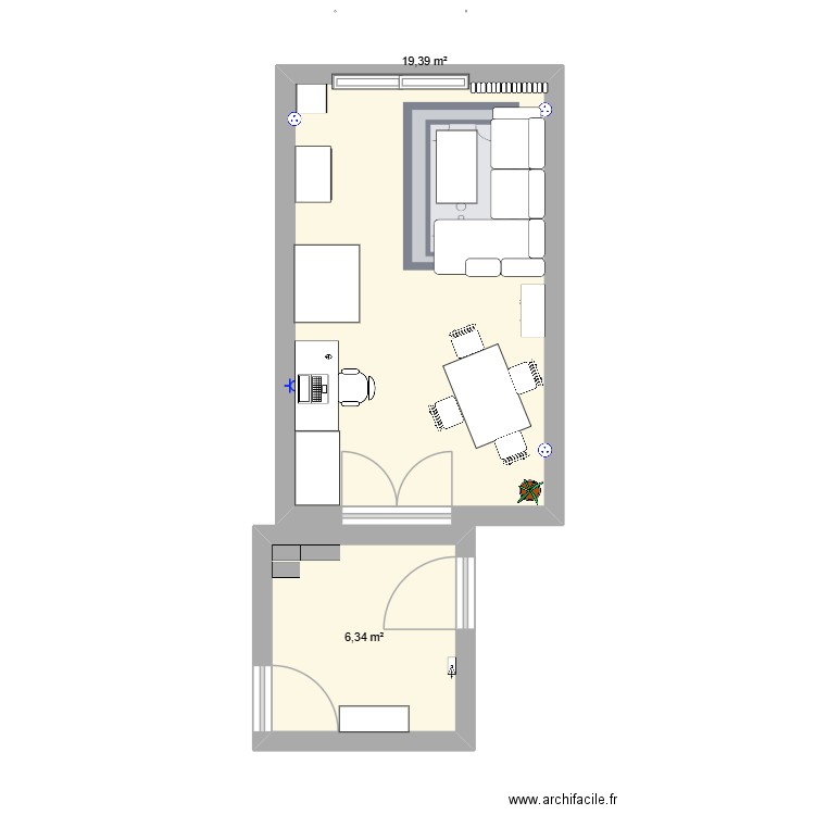 Salon. Plan de 2 pièces et 26 m2
