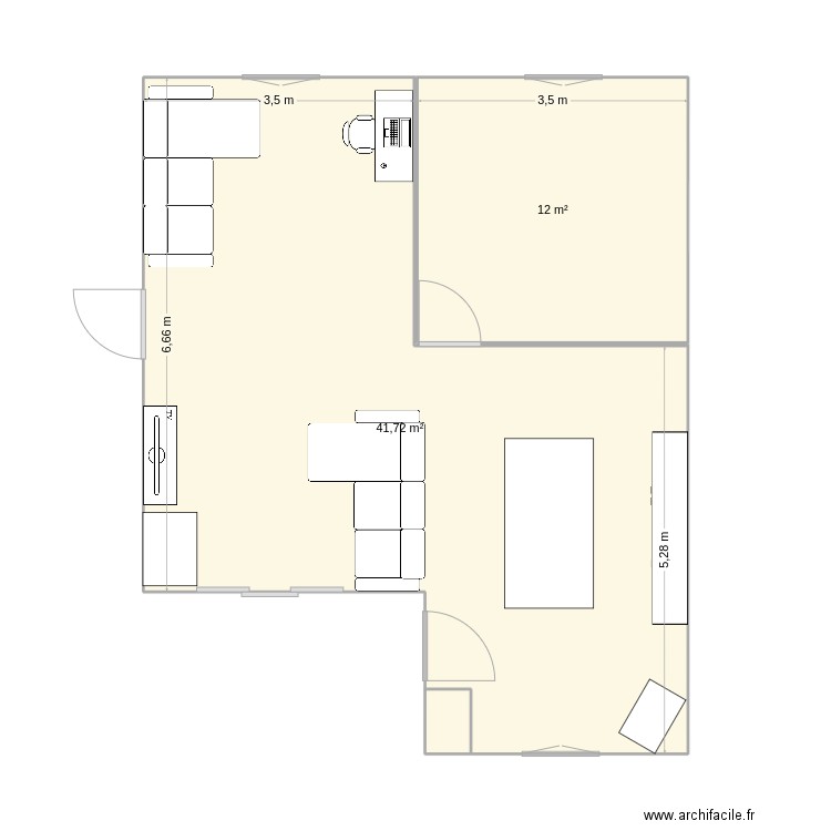 salon-séjour-cuisine. Plan de 2 pièces et 54 m2
