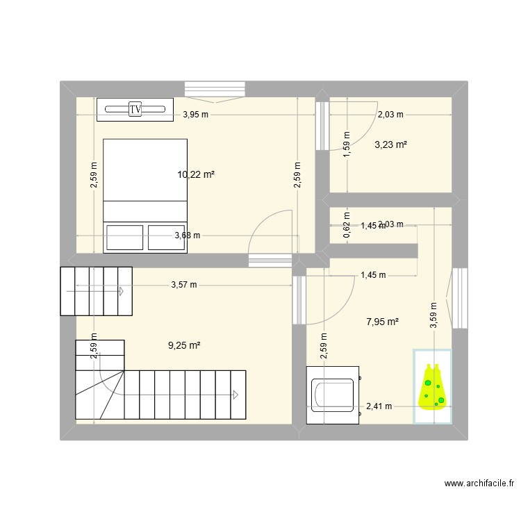 pallier chambre parent. Plan de 4 pièces et 31 m2