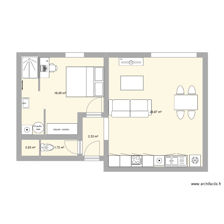 RDC. Plan de 5 pièces et 50 m2