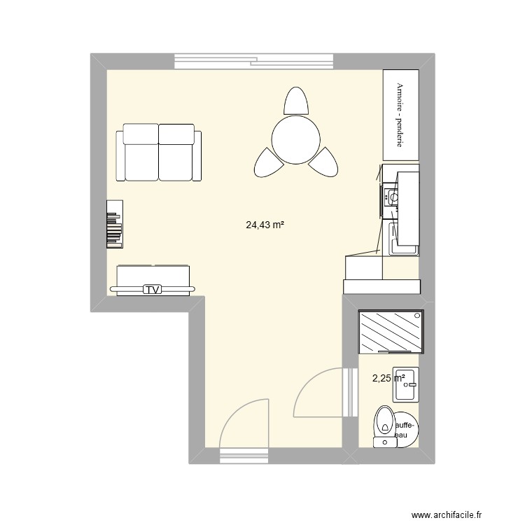 STUDIO. Plan de 2 pièces et 27 m2