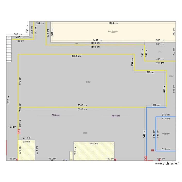 Plan zone chaudronnerie - avec marquages permanents. Plan de 11 pièces et 607 m2