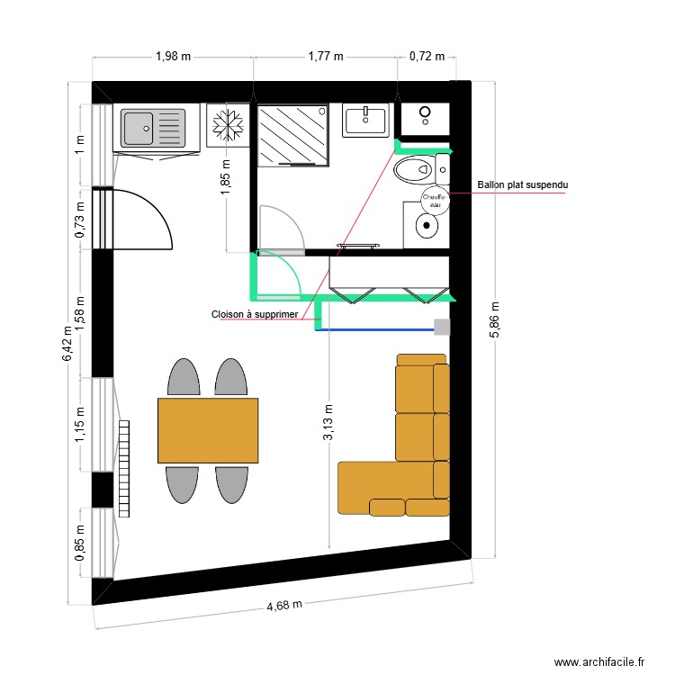 STUDIO ROUEN v3. Plan de 4 pièces et 5 m2