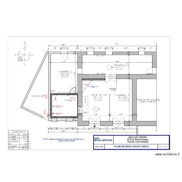 RESEAUX BEAUGE. Plan de 1 pièce et 9 m2