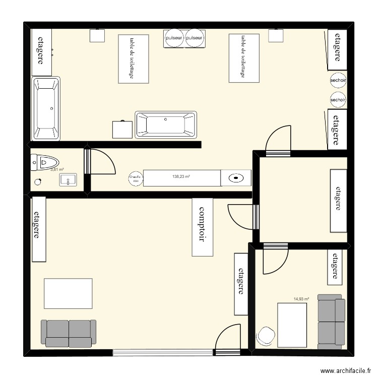 salon toilettage. Plan de 3 pièces et 157 m2