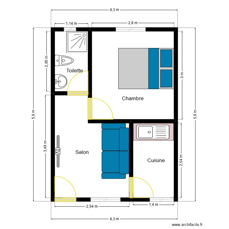 adama bassam. Plan de 4 pièces et 22 m2