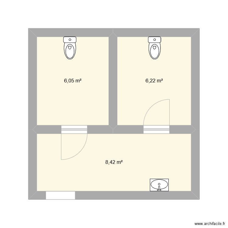 Sanitaire PMR. Plan de 3 pièces et 21 m2