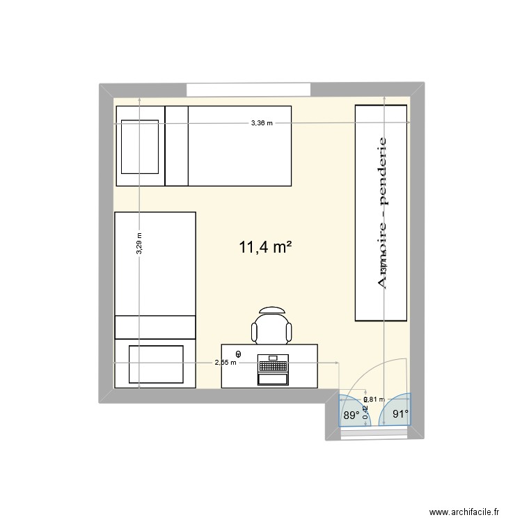 DILARA CHAMBRE. Plan de 1 pièce et 11 m2