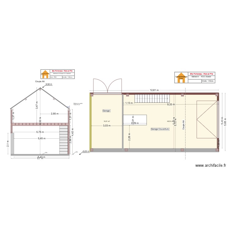 Bat A Projet Coupe AA. Plan de 3 pièces et 130 m2