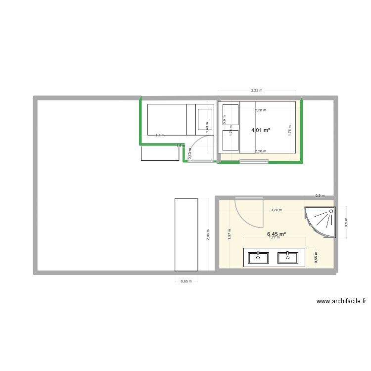 Studio. Plan de 2 pièces et 10 m2