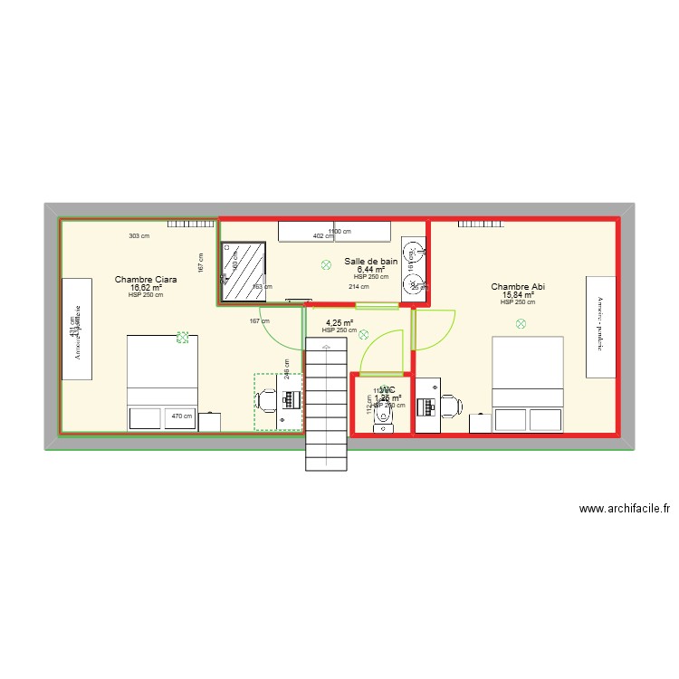 1 er etage maison. Plan de 5 pièces et 88 m2