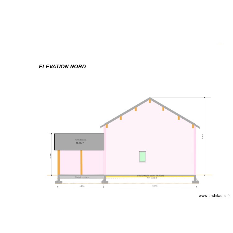 Elevation Nord. Plan de 3 pièces et 58 m2