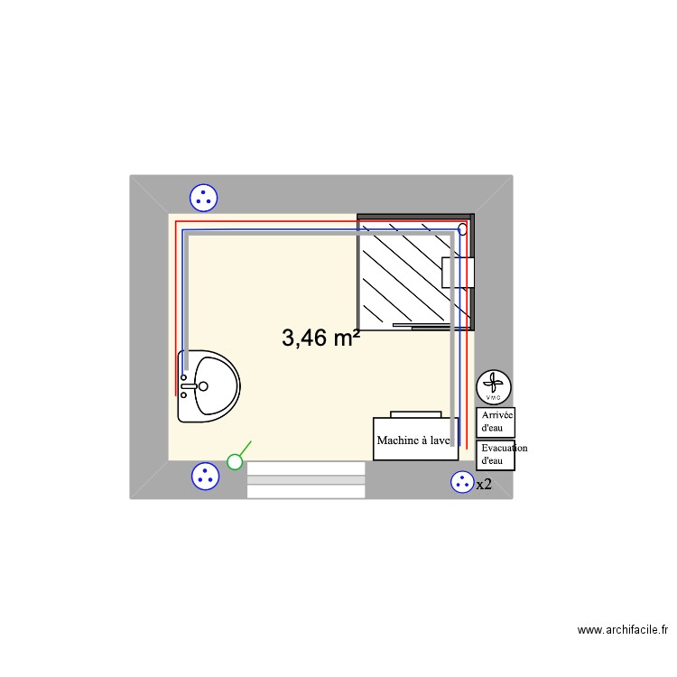 Plan EAU SDB. Plan de 1 pièce et 3 m2
