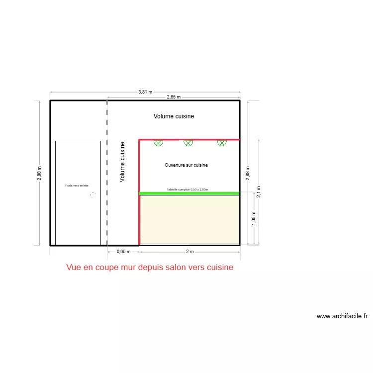 Monaco projet 1 coupe depuis salon vers cuisine. Plan de 1  et 7 m²