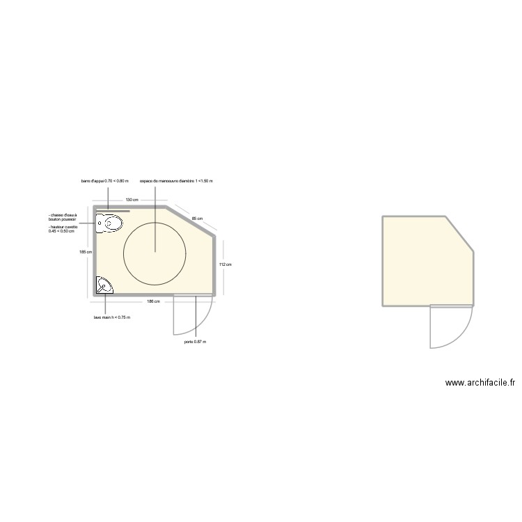 wc pmr. Plan de 2 pièces et 7 m2