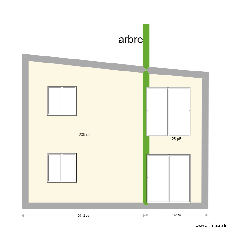 façade arrière avec arbre. Plan de 2 pièces et 38 m2