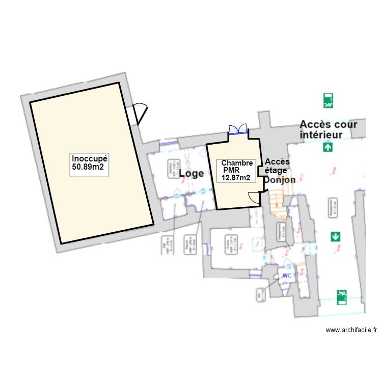 rdc donjon. Plan de 2 pièces et 64 m2